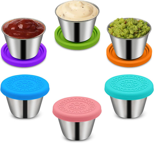 6 Pieces 2.4 Ounce(about 68.0 Gram)Small Condiment Container with Lid,Salad Dressing Container,Silicone Leak-Proof,Reusable,Dip Cup Lid